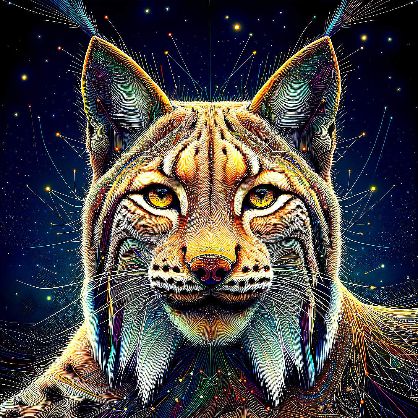 Colorful Lynx Head Illustration with Cosmic Background