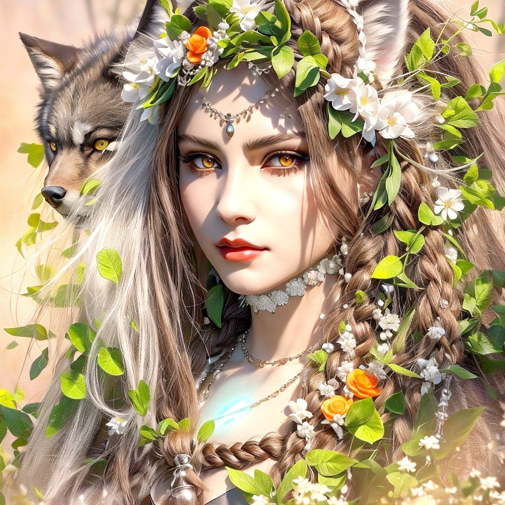 Mystical Woman with Braided Hair and Wolf in Nature