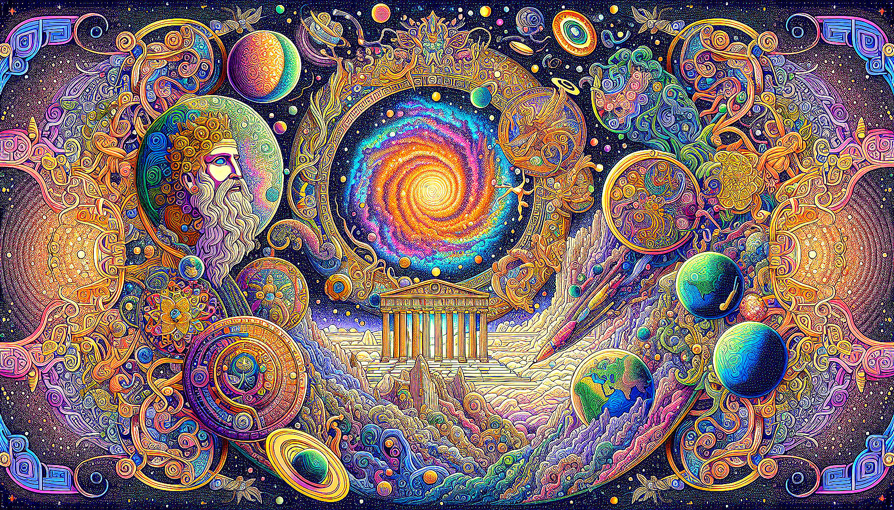 Vibrant Cosmic Tapestry with Temple and Mythology