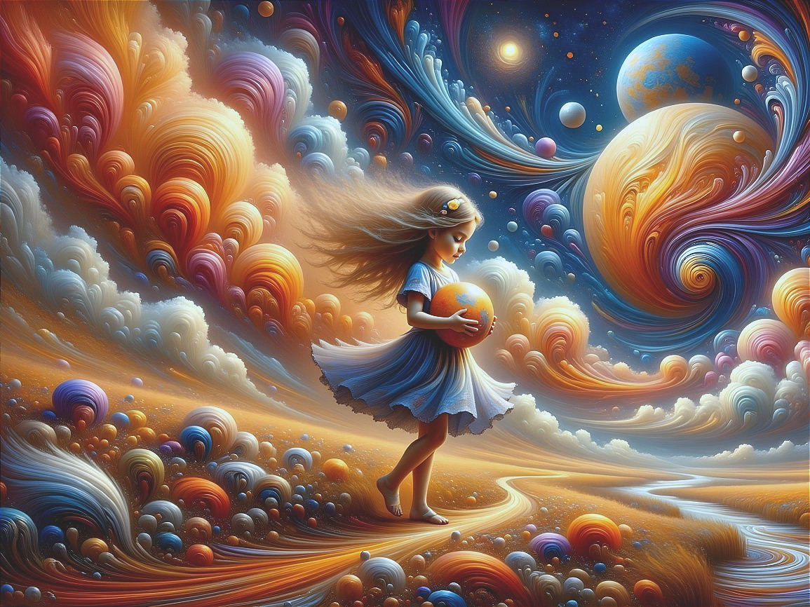 Young Girl in Blue Dress in Dreamlike Landscape