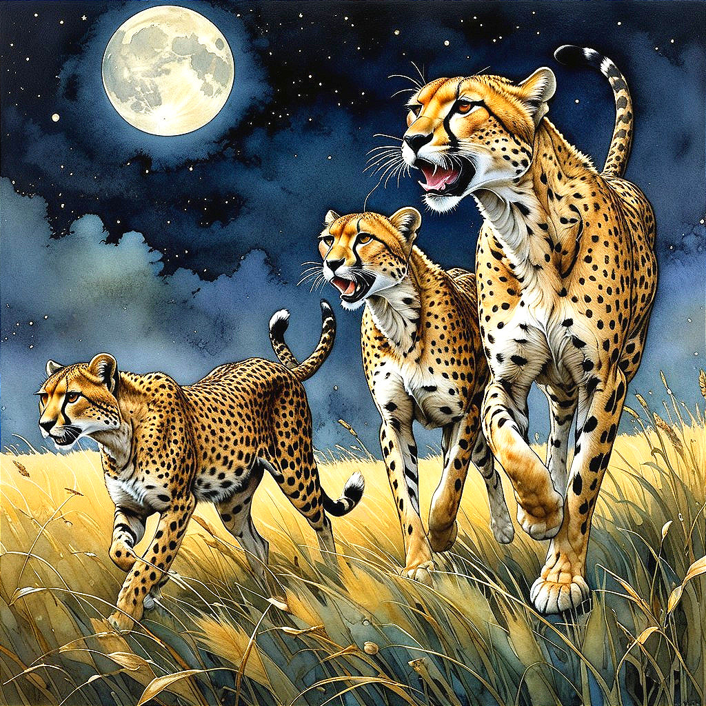 Cheetahs in Golden Grass Under a Full Moon
