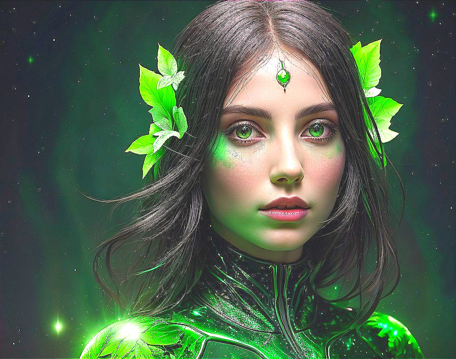 Woman with Green-themed Makeup and Leaf Adorned Hair: Mystical Forest Aura