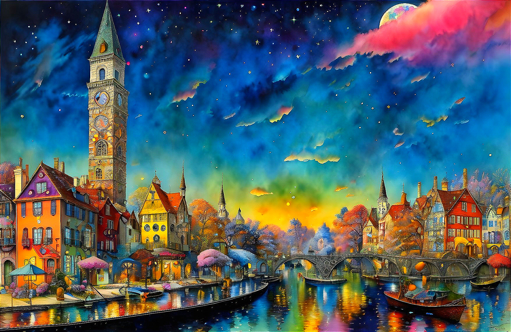 Colorful artwork: Historic town by river with clock tower, bridge, boats, starry sky