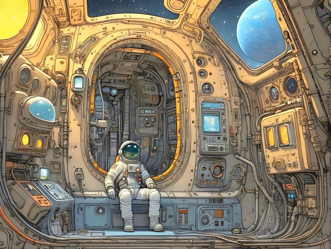 Futuristic Spacecraft Interior with Astronaut and Cosmos