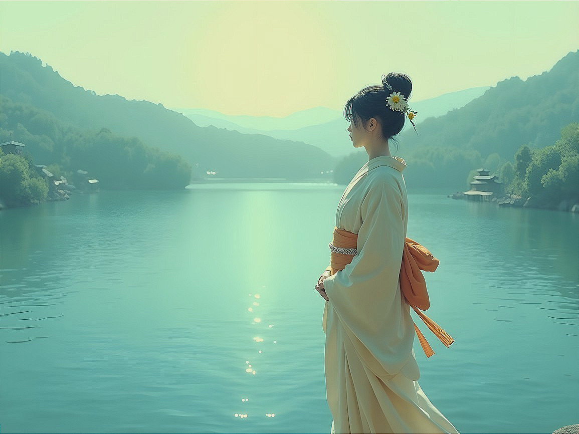 Traditional Kimono Figure by Tranquil Lake Scene