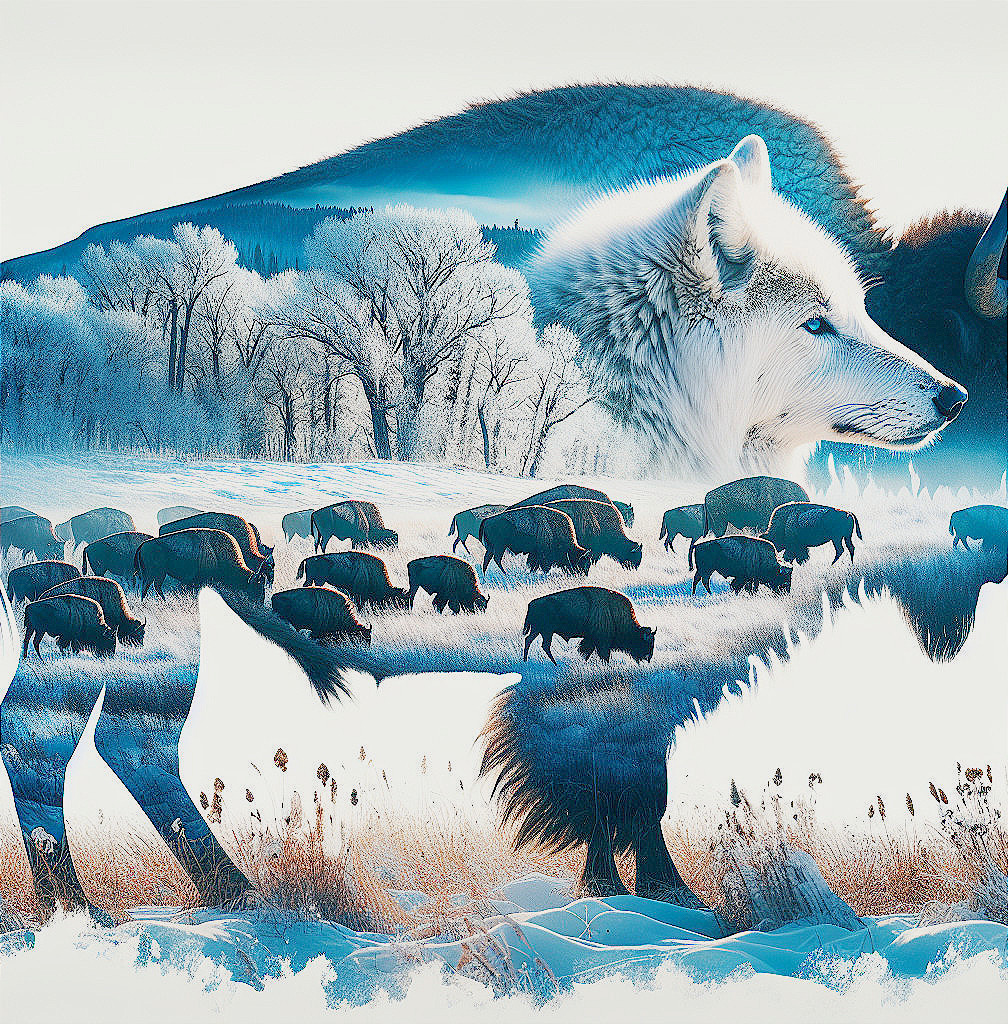 Surreal Landscape with Wolves and Bison in Snow