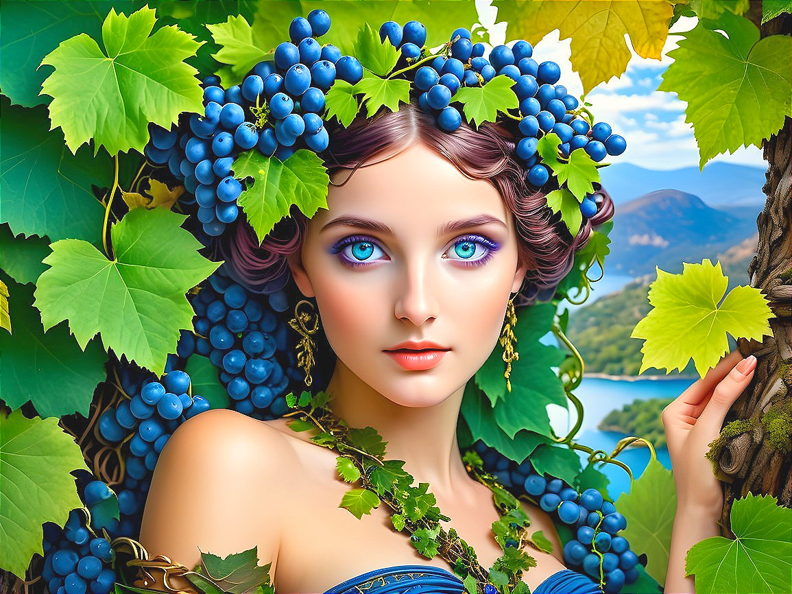 Young woman with leaves and grapes in natural setting