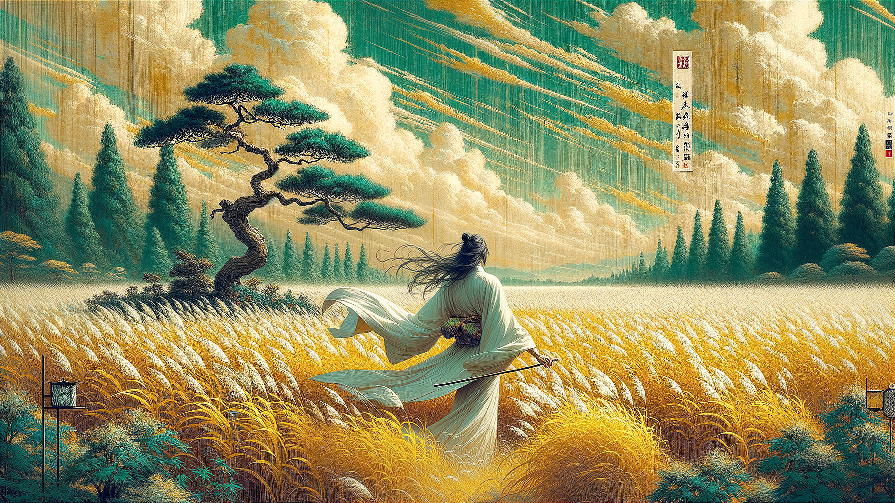 Figure in Traditional Attire in Golden Wheat Fields