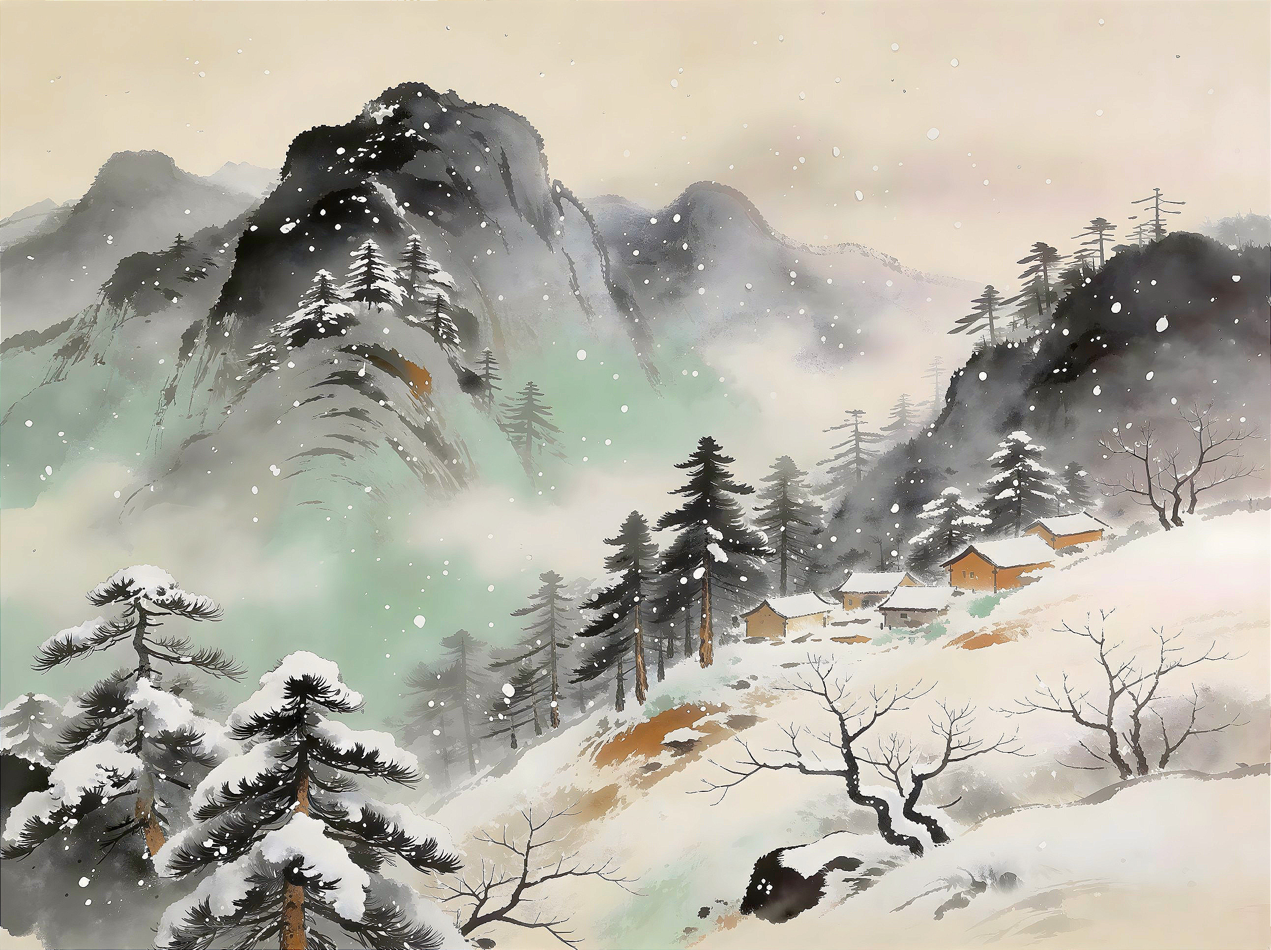 Traditional Chinese Landscape of Snowy Mountain Village