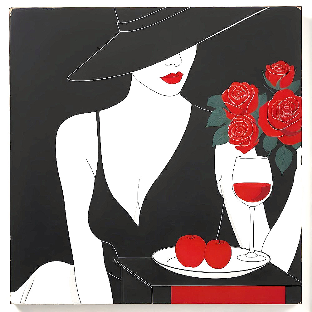 Stylish Woman with Wine and Apples on Black Background