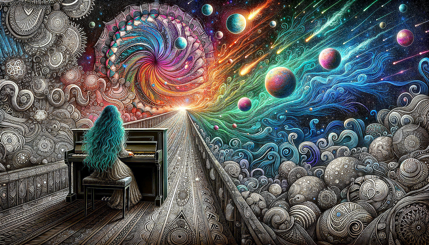 Serene figure at piano in cosmic dreamscape artwork