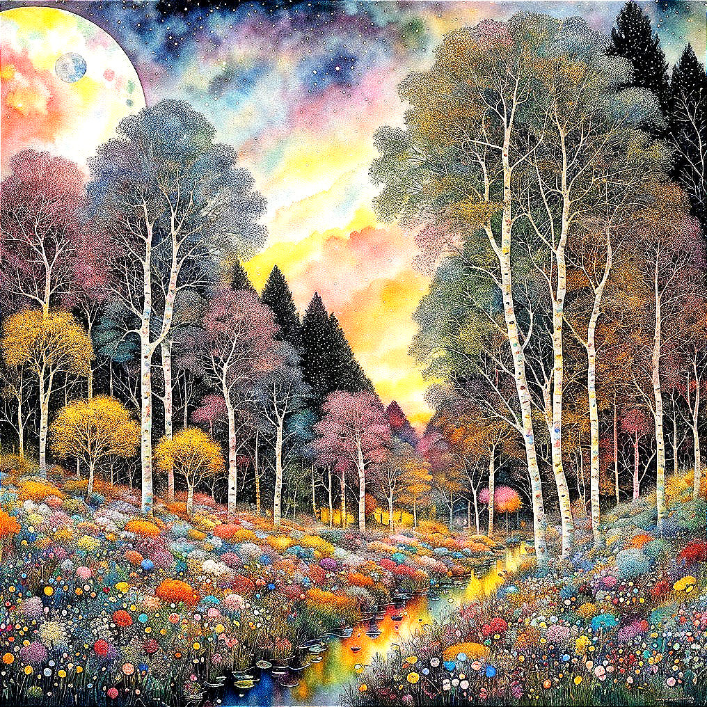 Autumn Landscape with Twilight Sky and Moonlit Stream