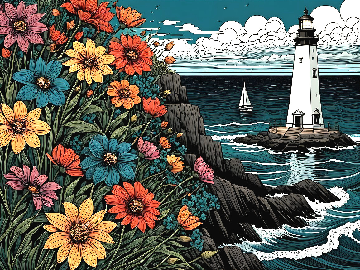 Coastal Scene with Lighthouse and Colorful Flowers
