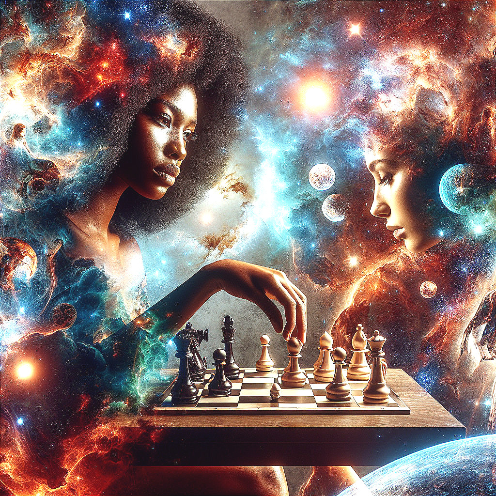 Women Playing Chess in a Cosmic Nebula Setting