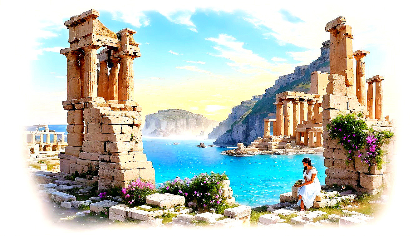 Ancient Ruins by Turquoise Bay with Lush Greenery