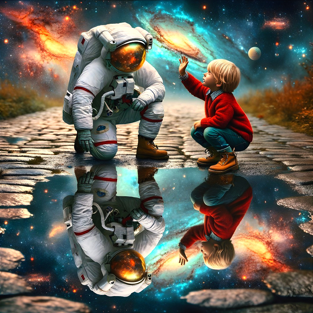Child in Red Sweater Observes Astronaut in Cosmic Scene