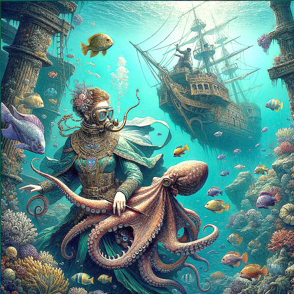 Underwater Scene with Diver and Octopus Amid Ruins