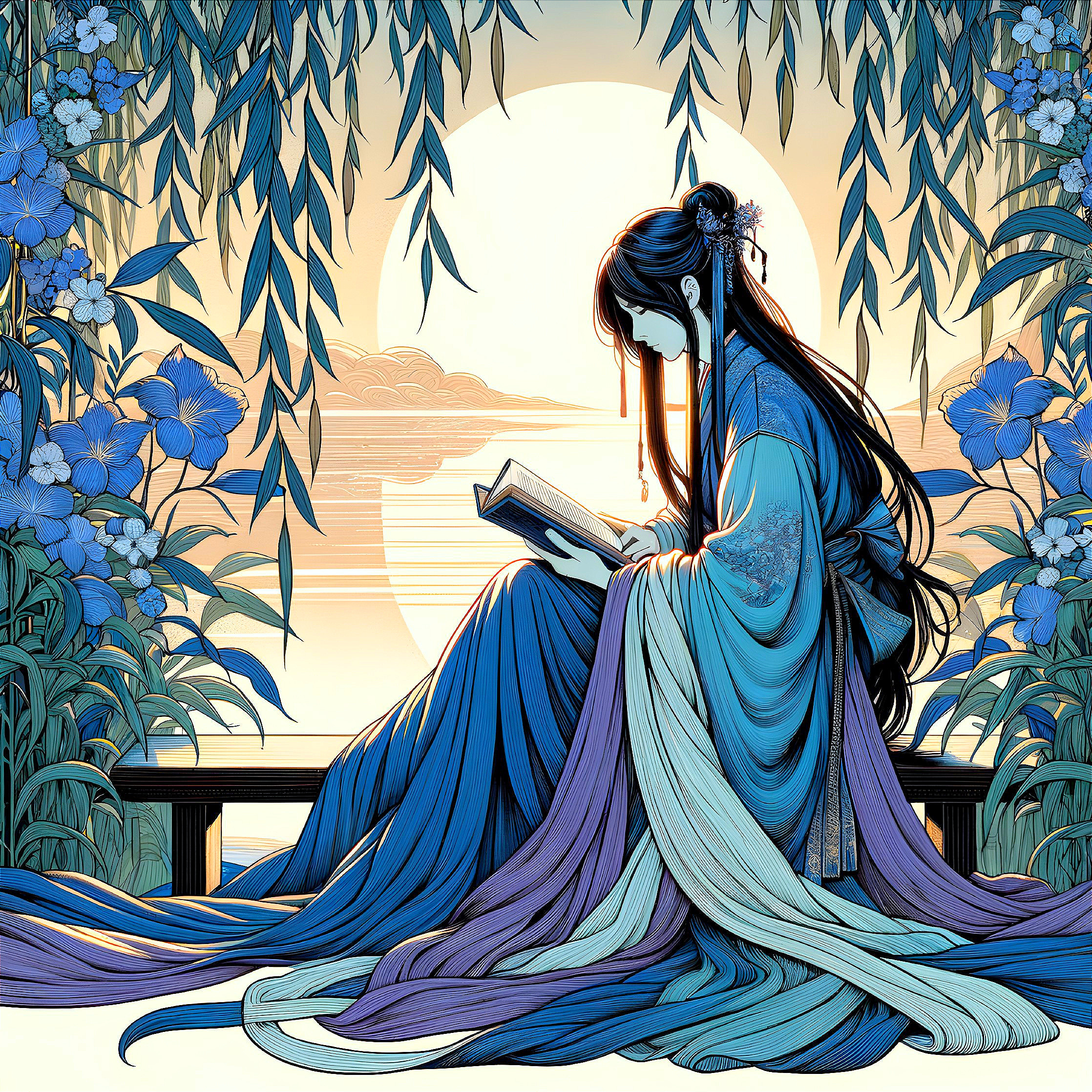 Serene figure in traditional attire reading in nature