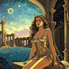 Cosmic-themed artwork featuring a woman with celestial hair in vibrant colors