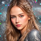 Portrait of woman with intense blue eyes, blue and red hair, gold accents, textured background
