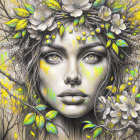 Portrait of a Young Woman with Floral Crown and Orange Eyes