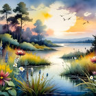 Coastal Sunset Landscape with Reflective Waters