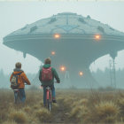 Children on Bicycles in a Misty Landscape with UFO