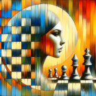 Stylized Woman Profile on Surreal Chessboard Artwork