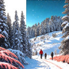 Winter Landscape with Snowy Pines and Cosmic Portal
