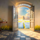 Young girl in yellow dress by open door to landscape