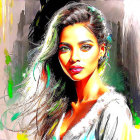 Portrait of a woman with flowing hair and intense gaze