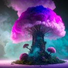 Vibrant fantasy artwork: old house on hill, colorful trees, large moon, floating planets,