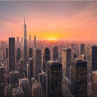 Colorful Townscape Artwork with Setting Sun and Rising Moon