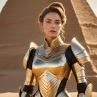 Woman in Armor Against Dramatic Desert Landscape
