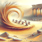 Surreal Landscape with Circular Structures and Twilight Sky