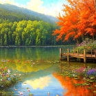 Vibrant painting of a woman by a serene lake