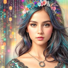 Digital artwork: Young woman with floral hair adornments on vibrant backdrop.