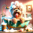 Colorful digital artwork: Three Shih Tzu dogs with multicolored fur on rustic background