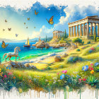 Serene Landscape with White Horse and Greek Ruins