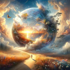 Vibrant orange and blue sky over fantastical landscape