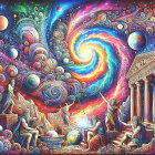 Surreal Scene of Greek Architecture and Cosmic Elements