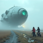 Futuristic spacecraft over misty landscape with cyclists