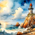 Coastal Scene with Lighthouse and Sunset Glow
