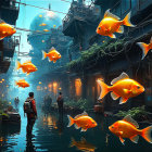 Serene figure in red dress in ancient corridor with cosmic scene