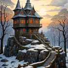 Whimsical Old-Fashioned House in Snowy Landscape
