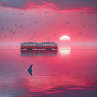 Vibrant Sunset Over Tranquil Waters and Silhouetted Boat