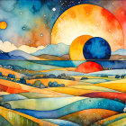 Futuristic landscape with glowing spheres and mountains