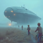 Children Biking in Fog Under Futuristic Airship