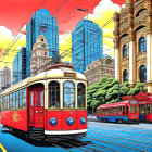 Vibrant City Scene with Classic Red Trams and Skyscrapers