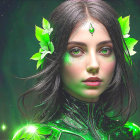 Futuristic digital artwork of woman in green headphones & neon outfit
